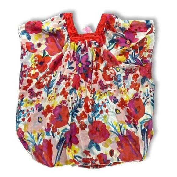 New Recruit Maternity Top Large Red Floral Chiffon Crochet Loungewear Sheer Cozy - Picture 7 of 11
